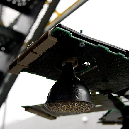 details of stylish interior lamp made of hard drive parts